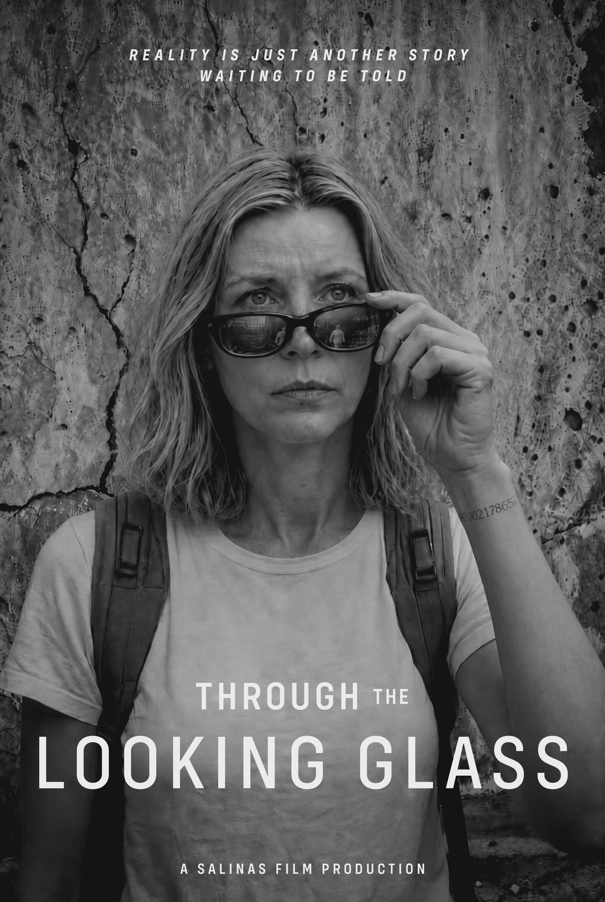 Poster for Through the Looking Glass: a woman lowers her dark glasses against a cracked wall.